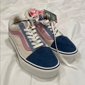 Vans Cream and Blue Sneakers with Pink Detail
